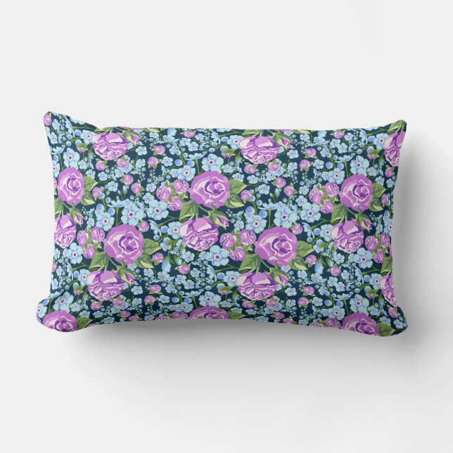 Floral Pattern Flowers in Full Bloom Blue Purple Lumbar Cushion (Front)