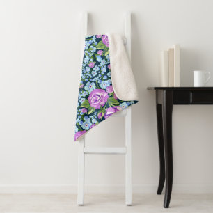 Floral Pattern Flowers in Full Bloom Blue Purple Sherpa Blanket