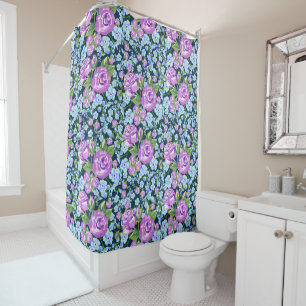 Floral Pattern Flowers in Full Bloom Blue Purple Shower Curtain