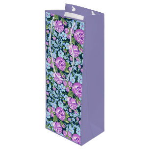 Floral Pattern Flowers in Full Bloom Blue Purple   Wine Gift Bag
