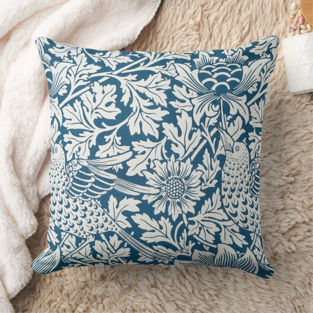 Floral Pattern Flowers Leaves Birds Blue Cushion (Blanket)