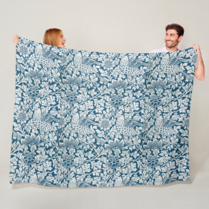 Floral Pattern Flowers Leaves Birds Blue Fleece Blanket