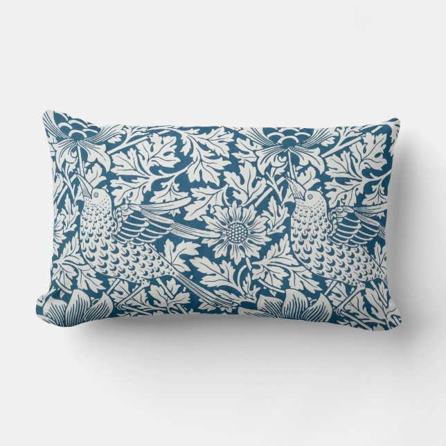 Floral Pattern Flowers Leaves Birds Blue Lumbar Cushion (Front)