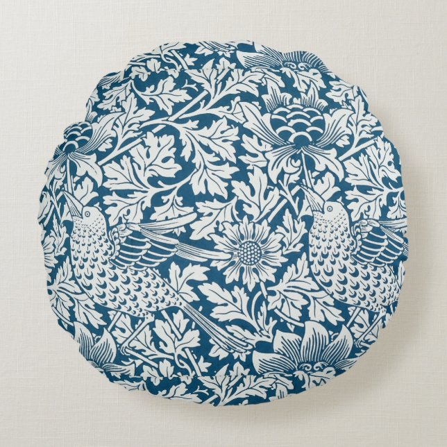 Floral Pattern Flowers Leaves Birds Blue Round Cushion (Front)