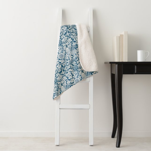 Floral Pattern Flowers Leaves Birds Blue Sherpa Blanket (In Situ)