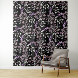 Floral Pattern Flowers Purple Black Background  Tapestry