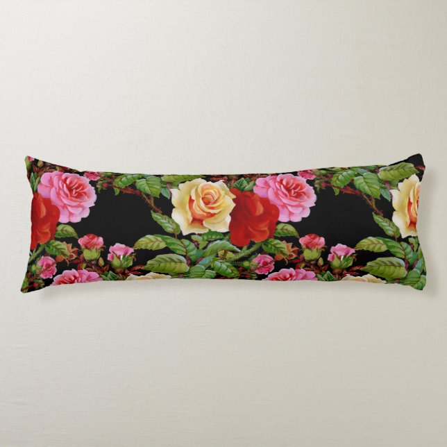 Floral Pattern Flowers Roses Red Pink Yellow Green Body Cushion (Front)