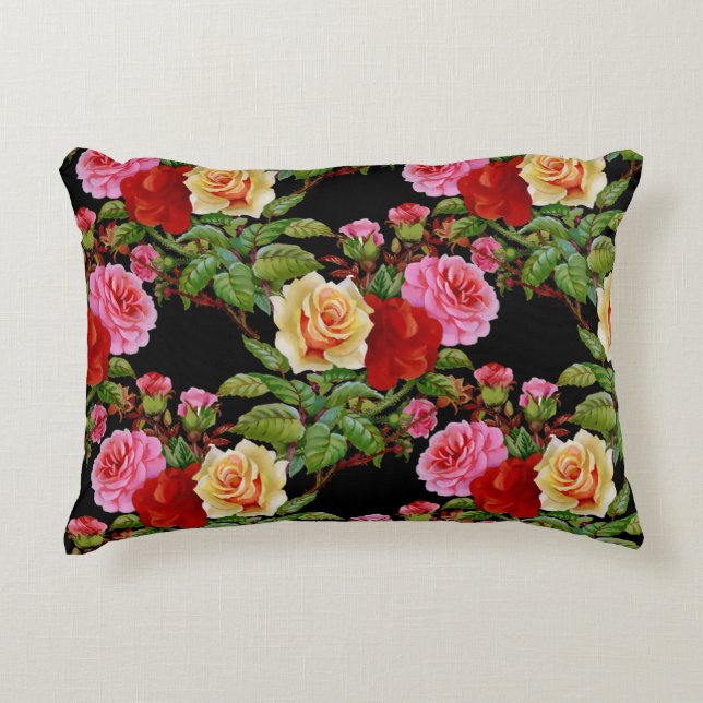 Floral Pattern Flowers Roses Red Pink Yellow Green Decorative Cushion (Front)