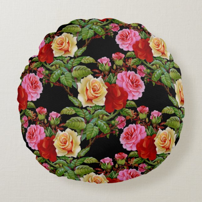 Floral Pattern Flowers Roses Red Pink Yellow Green Round Cushion (Front)