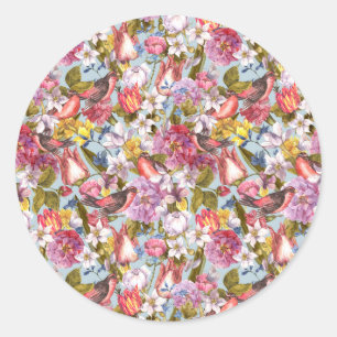 Floral Pattern Foliage Birds Butterflies Peony  Classic Round Sticker