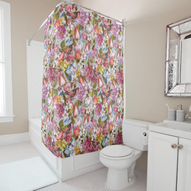 Floral Pattern Foliage Birds Butterflies Peony  Shower Curtain (In Situ)