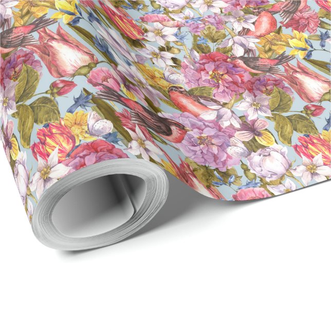 Floral Pattern Foliage Birds Butterflies Peony Wrapping Paper (Roll Corner)
