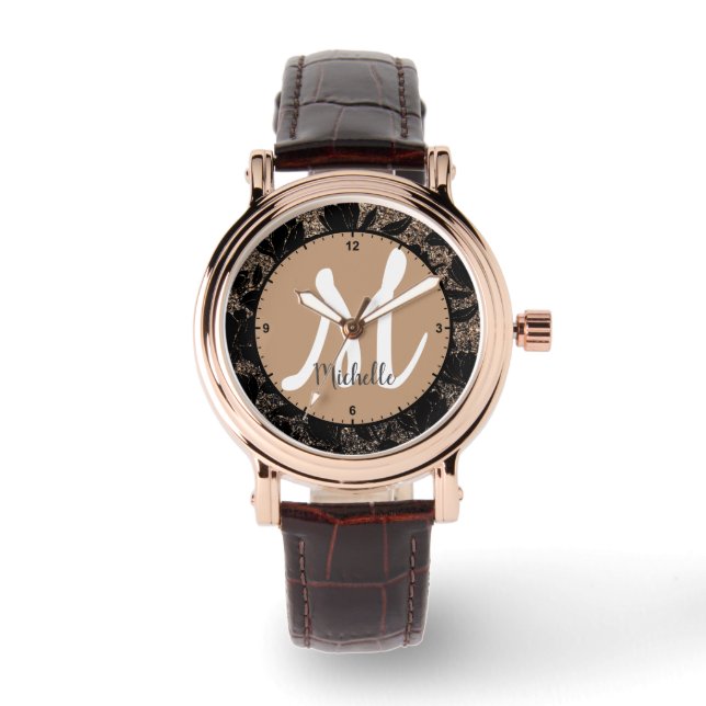 Floral Pattern Frame Elegant Monogrammed Name  Watch (Front)