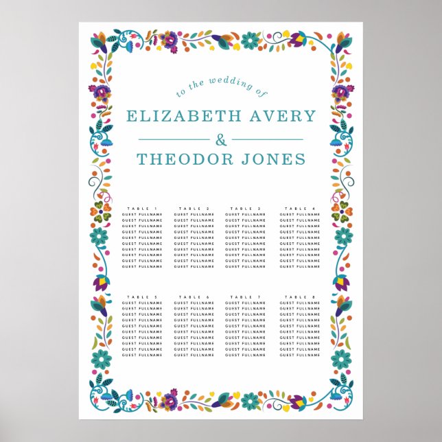 Floral Pattern Frame Mexican Wedding Seating Chart (Front)