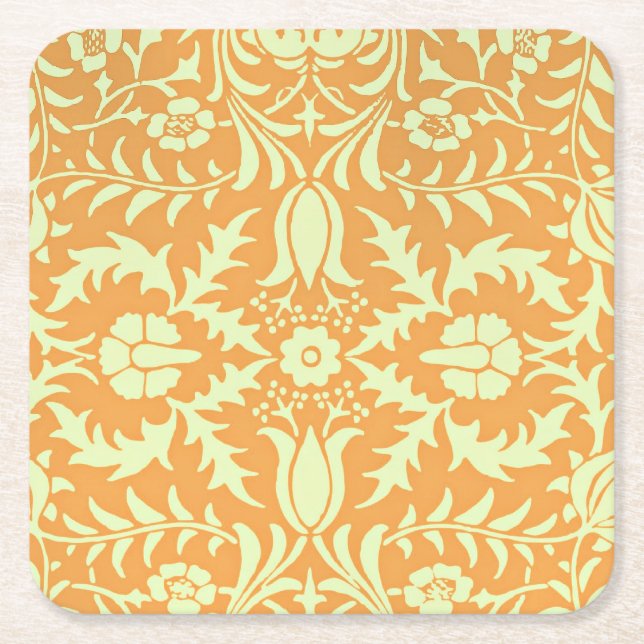 Floral Pattern, gold and pastel yellow design, Square Paper Coaster (Front)
