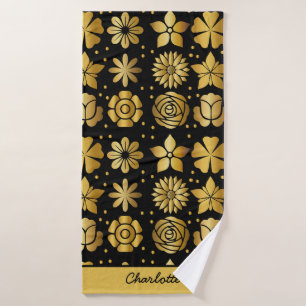 Floral pattern gold doodle rose personalised name bath towel