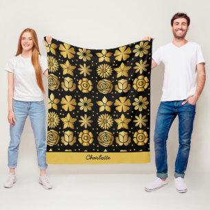 Floral pattern gold doodle rose personalised name fleece blanket