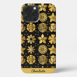 Floral pattern gold doodle rose personalised name iPhone 13 pro max case