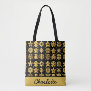 Floral pattern gold doodle rose personalised name tote bag