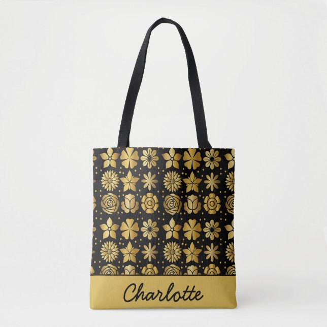 Floral pattern gold doodle rose personalised name tote bag (Front)