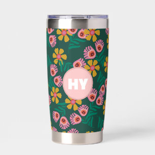 Floral pattern green cute monogram Water Bottle Insulated Tumbler