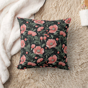 Floral Pattern Green Oak Leaves and Pink Flowers  Cushion