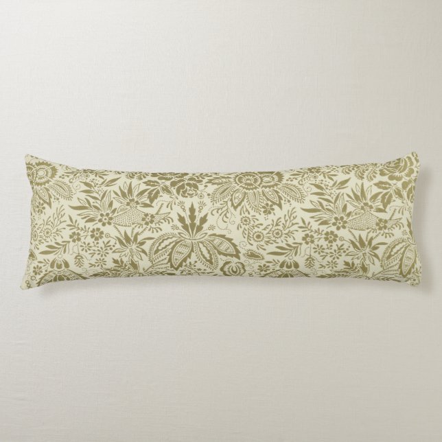 Floral Pattern Green Sage Antique Damask Body Cushion (Front)