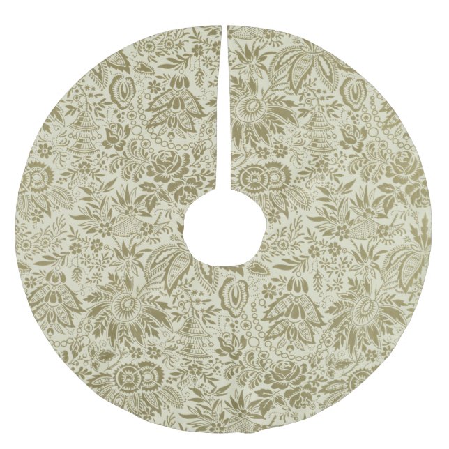 Floral Pattern Green Sage Antique Damask Brushed Polyester Tree Skirt (Front)