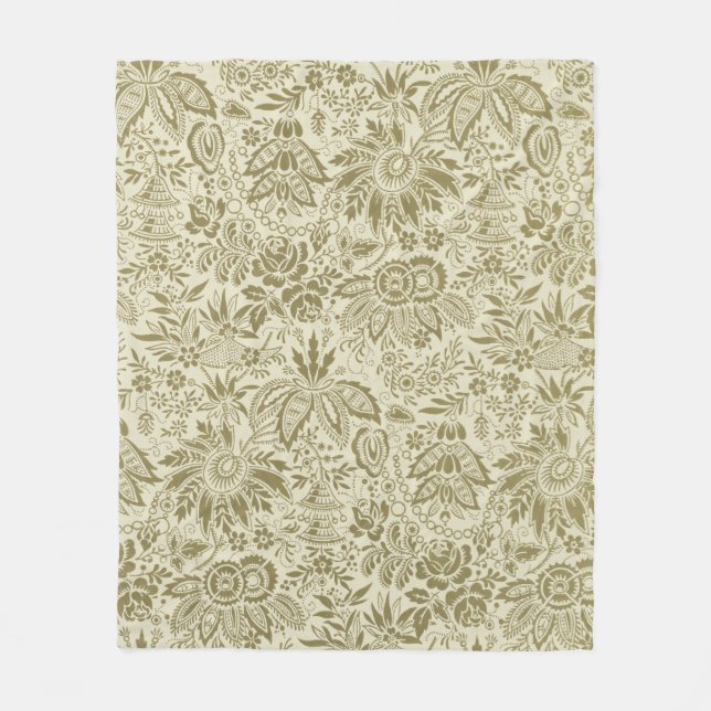 Floral Pattern Green Sage Antique Damask Fleece Blanket (Front)