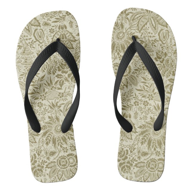 Floral Pattern Green Sage Antique Damask Flip Flops (Footbed)