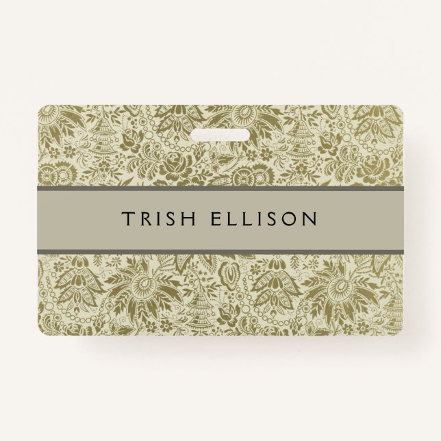 Floral Pattern Green Sage Antique Damask ID Badge (Front)