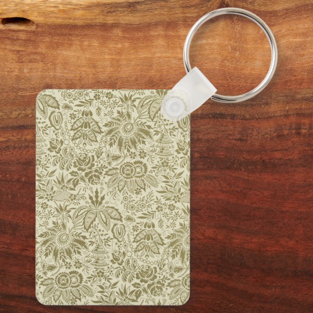 Floral Pattern Green Sage Antique Damask Key Ring (Back)