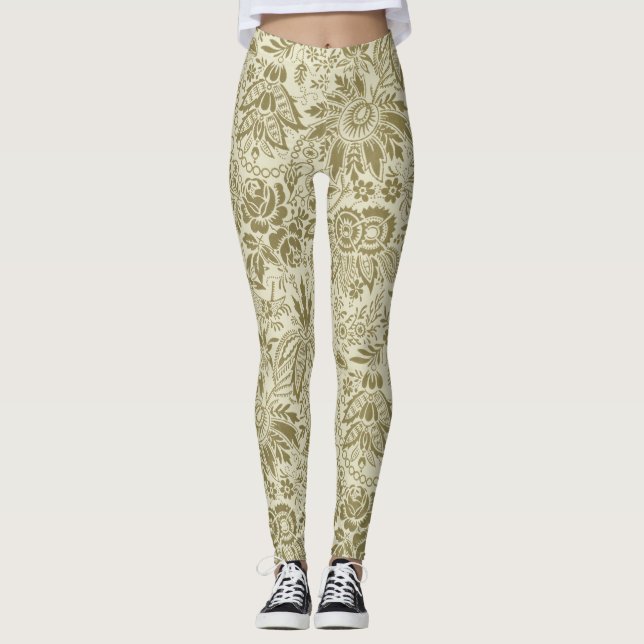 Floral Pattern Green Sage Antique Damask Leggings (Front)