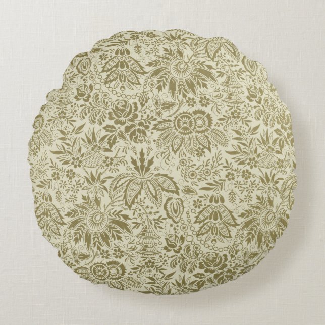 Floral Pattern Green Sage Antique Damask Round Cushion (Front)
