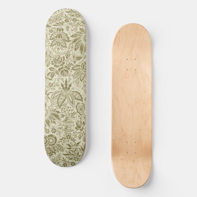 Floral Pattern Green Sage Antique Damask Skateboard (Front)