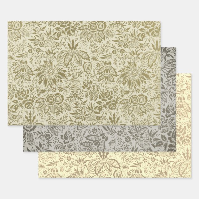 Floral Pattern Green Sage Antique Damask Wrapping Paper Sheet (Set)