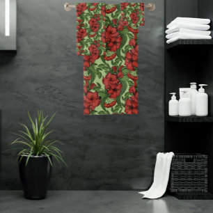 Floral Pattern Greenery Red Flowers in Full Bloom  Bath Towel Set