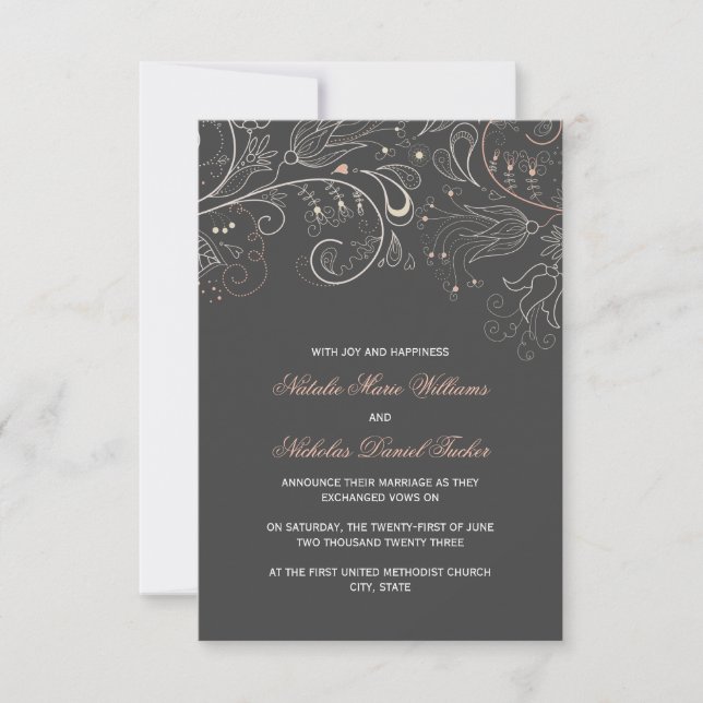 Floral Pattern Grey w/Tulip- 3x5 Wedding Announce Invitation (Front)