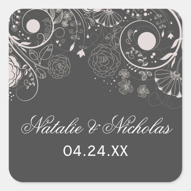 Floral Pattern Grey/White - Square Sticker (Front)
