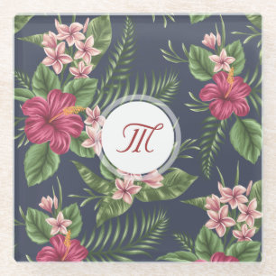 Floral Pattern Hibiscus Monogram Glass Coaster
