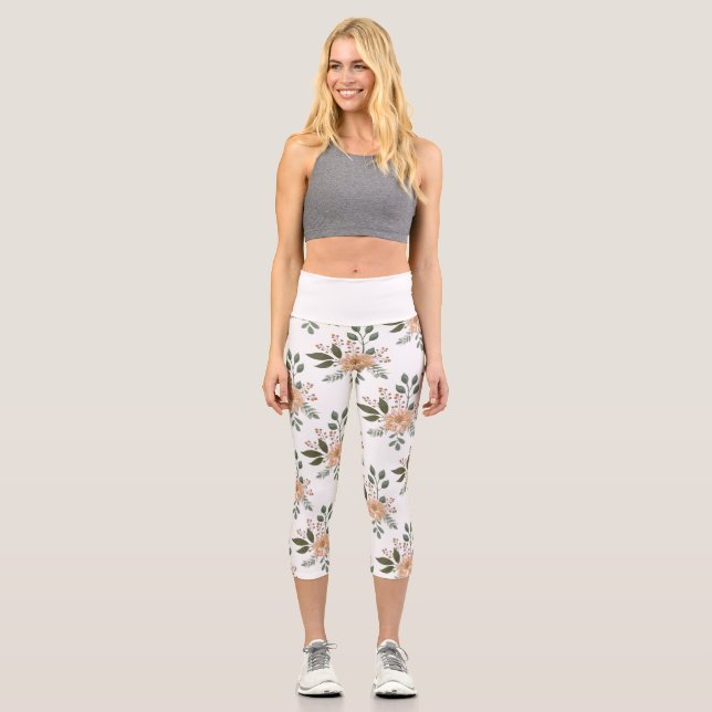 Floral Pattern High Waisted Capri Leggings (Front)