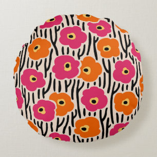 Floral Pattern Hot Pink and Orange Round Cushion