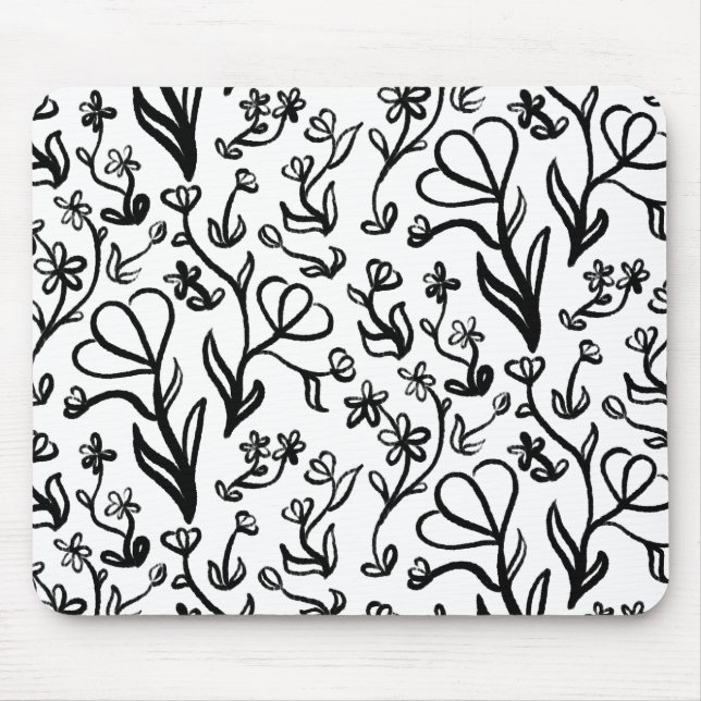 Floral Pattern in Black and White Mouse Mat (Front)