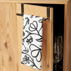 Floral Pattern in Black and White Tea Towel