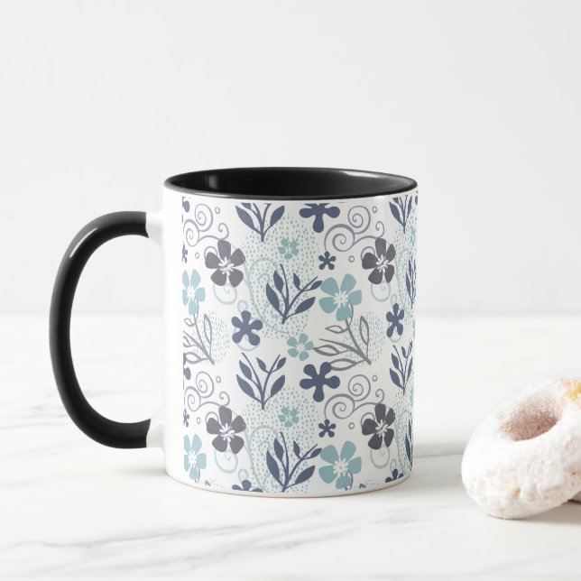 Floral Pattern in blue and grey Mug (With Donut)