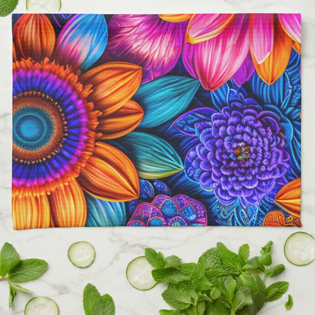 Floral pattern in boho style tea towel (Folded)