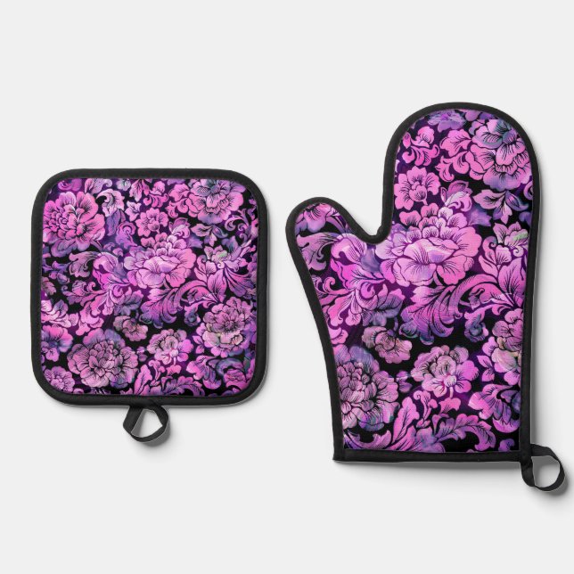 Floral Pattern in Hot Pink Oven Mitt & Pot Holder Set (Front)