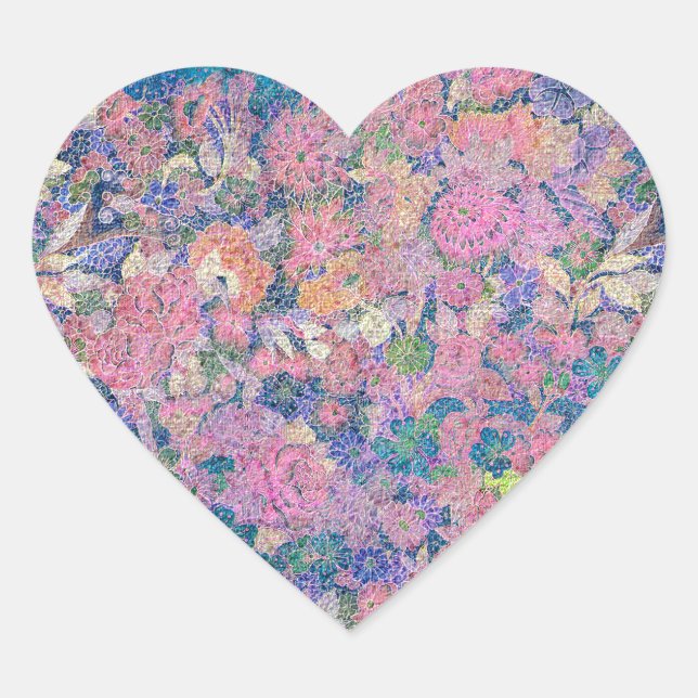 Floral Pattern in Pink and Blue Heart Sticker (Front)