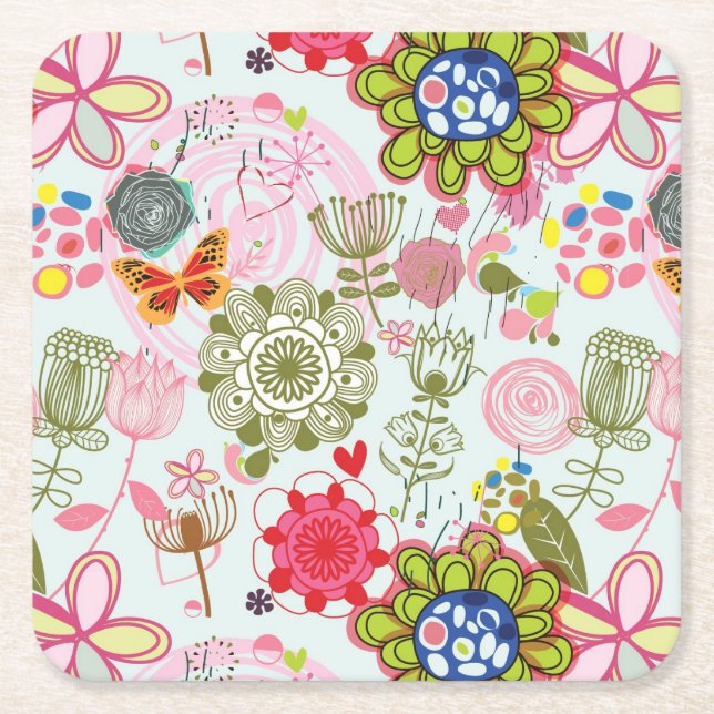 Floral pattern in retro style 2 square paper coaster (Front)