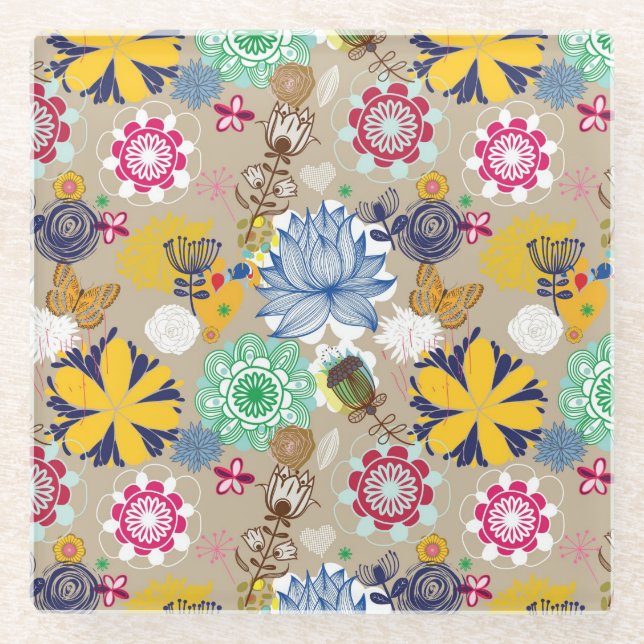 Floral pattern in retro style 3 glass coaster (Front)